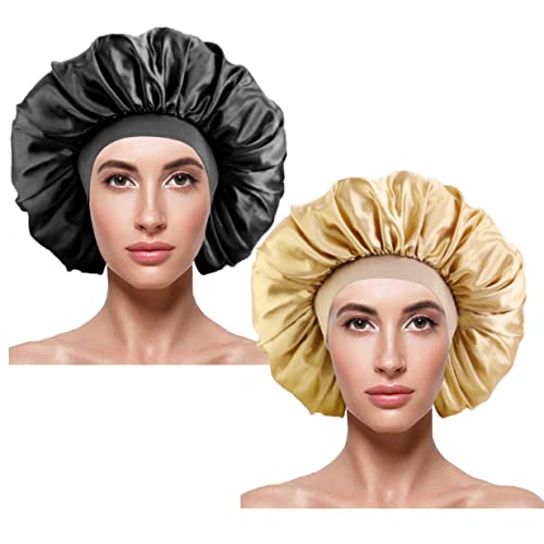 2 Stücke Satin Haarhaube, Bonnet Sleep Cap Breites Gummiband, Satin Schlafhaube Haarschutz für Die Nacht für Mädchen Frauen Make-up (Schwarz, Gold) Cover