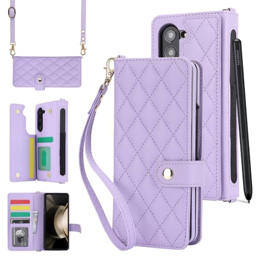 Étui en cuir pour Samsung Z Fold 4 avec bandoulière et fente stylo violet