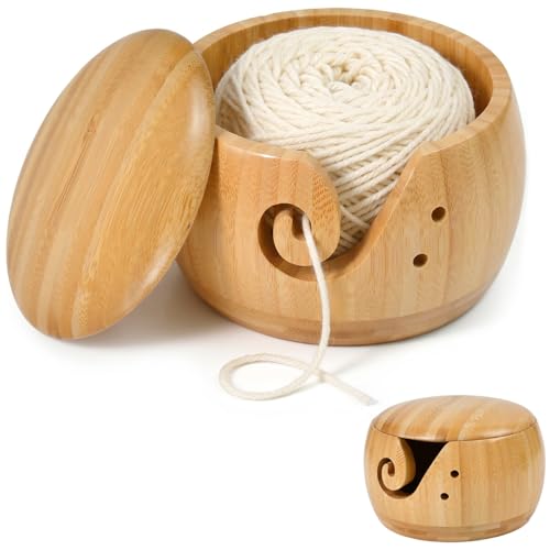 FTISSLY Garnschale Bambus Garn Schüssel mit Deckel Häkelschale Garnhalter Schale Strickschale für Wolle Rund Wollschalen Wollschüssel 15 x 15 x 8cm Garnaufbewahrung mit Löchern für Stricken Häkeln