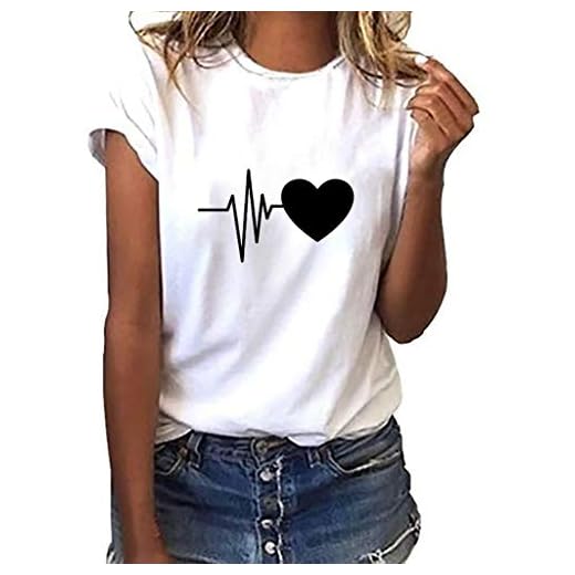 FRAUIT Blusa Suelta De Mujer Manga Corta Camiseta con Estampado De Corazones Tops Casuales Camisa del O-Cuello Top De La Moda Mujer De Camiseta Tops Mujer Verano