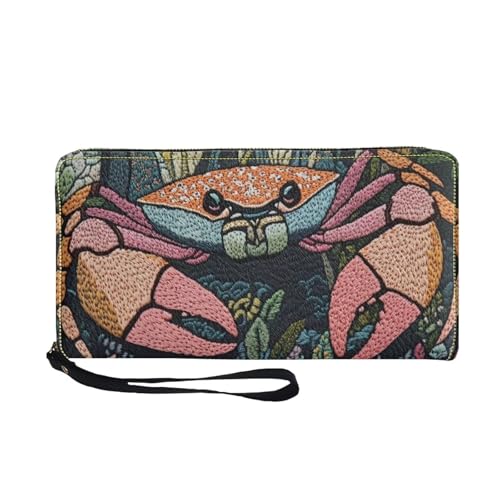 Novelty Long Wallet for Women Crab Zipper Wallet with Wristlet Pu Leather Purse for Women Large Capacity Credit Card Holder with Grip Hand Strap