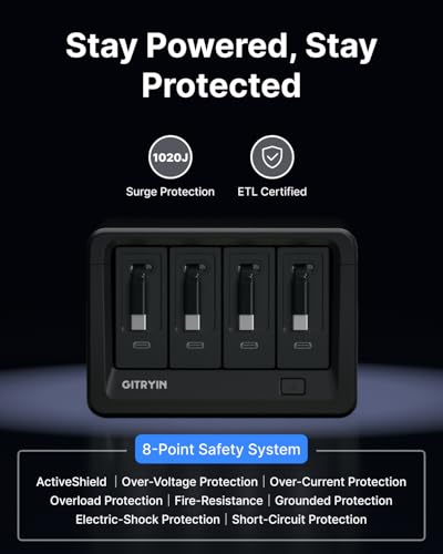 Image of Gitryin 12-in-1 Desktop Charging Station with 4 Retractable Type-C Wall Chargers, 40W USB-C Power Strip with Flat Plug, Extension Cord with 1020J Surge Protection for Home Office