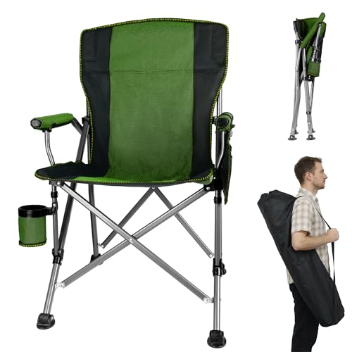 Image of Heavy Duty Folding Camping Chair Supports 400 LBS, Hard Arm Portable Outdoor Chair with Cup Holder & Storage Bag, Foldable Collapsible for Camp, Picnic, Lawn, Fishing,Green