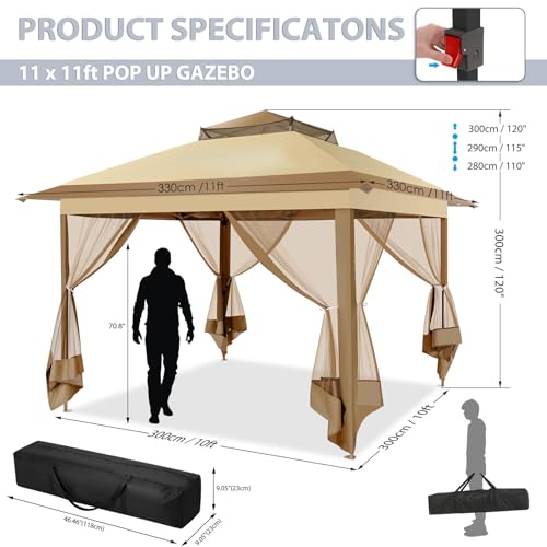 Image of COBIZI Pop Up Gazebo 11x11 One-Push Canopy Tent, Carpas Para Patio, Outdoor Canopy Shelter with Double Roof Ventiation 121 Square Feet of Shade for Lawn, Garden, Backyard and Deck, Khaki(Upgraded 2.0)