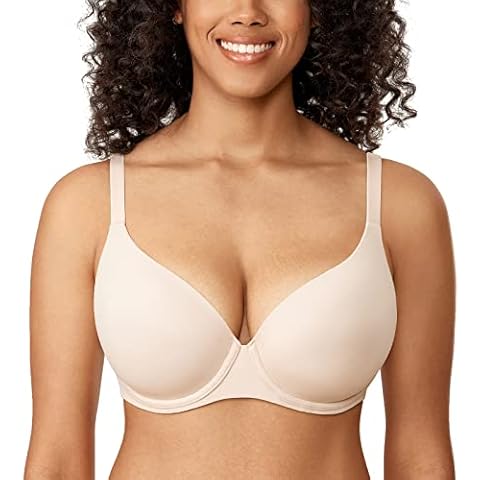 Delimira Women's Lightly Padded T Shirt Bra Comfort Plus Size Full Coverage Seamless Underwire Bras Beige 42D Cover