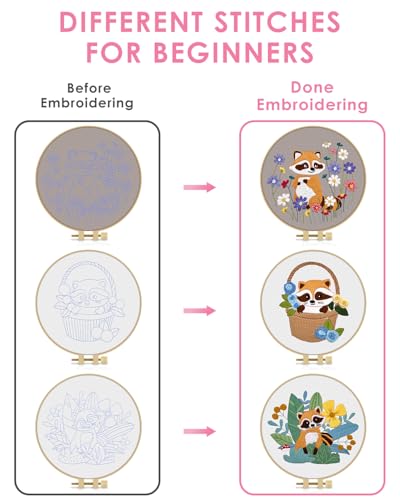 Image of TINDTOP 3 Pack Embroidery Kit for Adult Beginners, Embroidery DIY Starter Kit, with Raccoon Stamped Patterns, Hoop, Tools, Colorful Threads with Needles, Instructions