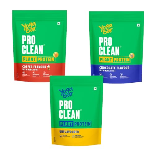 Image of Yogabar Pro Clean Plant Protein Powder | Chocolate + Coffee + Unflavoured | With Monk Fruit | Vegan, Gluten-Free, No Added Sugar | 3 x 500g