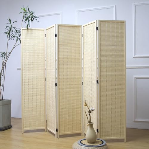 Furnnylane 5 Panel Room Divider and Folding Panel Screen,Bamboo Panel Divider Screen for Room Separation,Beige,67' H x 76.75' W