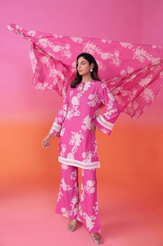 Image of LookMark Women's Cotton Blend Floral Printed Kurta With Palazzo & Dupatta Suitable for Every Indian Occasion