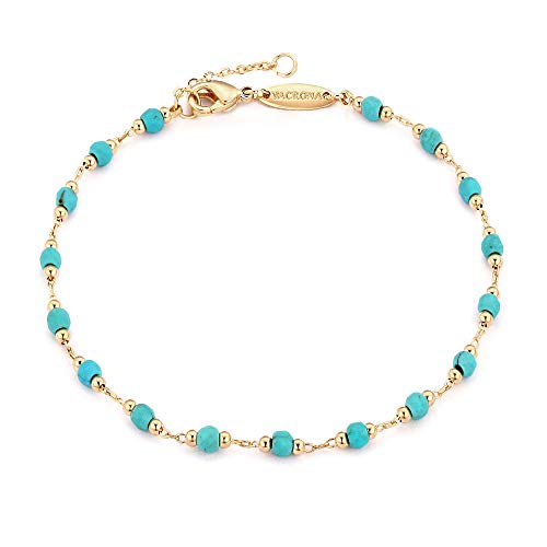 VACRONA Gold Tiny Beaded Bracelet 14K Gold Plated Chain Bracelets for Women Dainty Handmade Turquoise Bracelet Adjustable Chain Jewelry Gifts