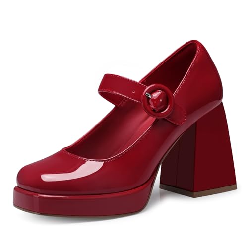 CELLENZ Women Mary Jane Shoes: Red Comfort Closed Toe Heels Size 8