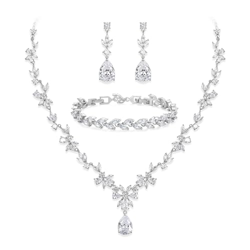BriLove Gorgeous Wedding Jewelry Set for Women Bridal Cubic Zirconia Marquise Teardrop Leaf Cluster Y-Necklace Dangle Earrings Link Bracelet