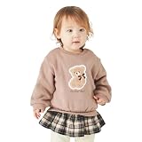 [ever closet] トレーナー ベビー キッズ 子供 女の子 チュニック 秋冬 長袖 トップス 80 モカ 裏起毛 チェック柄フリル付き 刺繍ワッペン 秋服 冬服 通園 通学 子供服 キッズ服 エバークローゼット