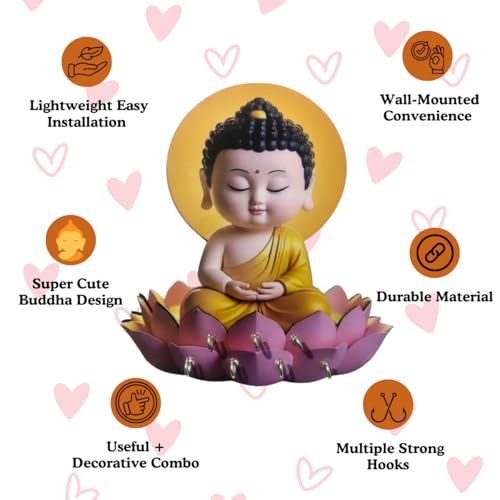 Image of Buddha Key Holder for Wall - Cute Meditating Buddha on Lotus Wooden Key Hanger with Multiple Hooks - Wall Mounted Key Stand & Entryway Organizer for Home Decor, Gift