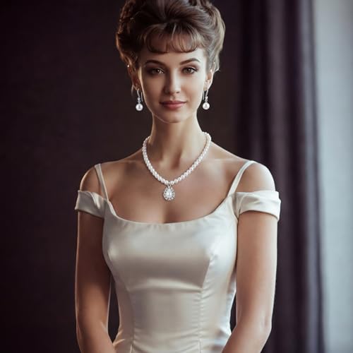 Image of Glenmal Pearl Rhinestone Jewelry Set for Women Pearl Necklace Bracelet Earrings for Wedding Halloween Bridal Shower Tea Party