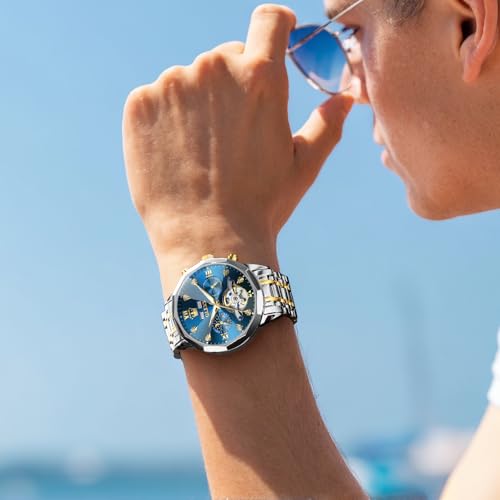 Image of OLEVS Men Automatic Watch Diamond Skeleton Mechanical Luxury Self Winding Moon Phase Calendar Waterproof Wrist Watch for Men