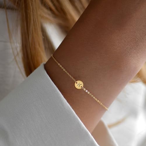 BAYLAY Gold Initial Bracelets for Women Girls Gifts - 18K Gold Plated Letter Initial Bracelet Dainty Disc Monogram Bracelet Gold Bracelets for Women Gold Jewelry Gifts for Women Teen Girls3