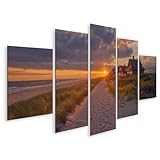 islandburner Bild auf Leinwand Sonnenuntergang am Strand mit Häusern für Wohnzimmer Strandliebhaber Ferienwohnungsvermietung Bilder Wandbilder Poster