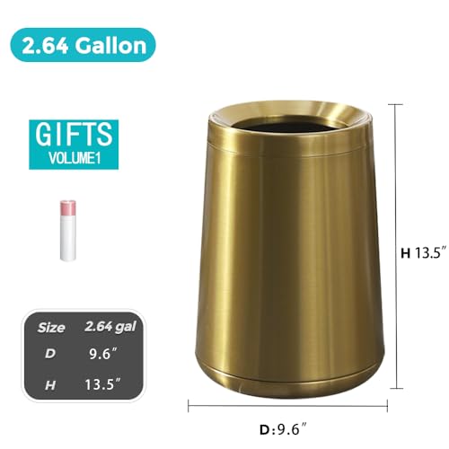 YOJIA 2.64 Gallon/10L Bathroom Trash Can, Brushed Gold Garbage Can, Modern, Open Top Brass Waste Baskets, for Desk Bedroom Business Office Hotel Home (Z-10L Gold) by YOJIA - Used condition - Image 7