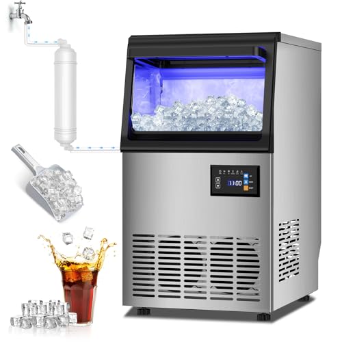 Image of 100LBS /24H Commercial Spray Ice Maker, 25LBS Storage Bin, Stainless Steel Ice Machine with Automatic Cleaning, Freestanding Undercounter Ice Maker for Restaurant Bar Home
