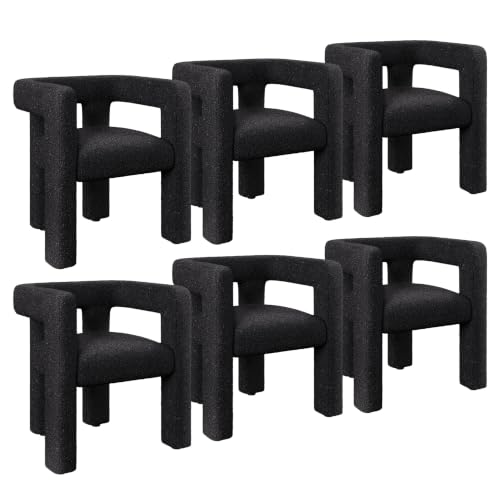 Image of BELLEZE Modern Boucle Barrel Dining Chair Set of 6, Upholstered Linen Kitchen Boucle Armchair with Sidearms and Back, for Dining Room Living Room- Black