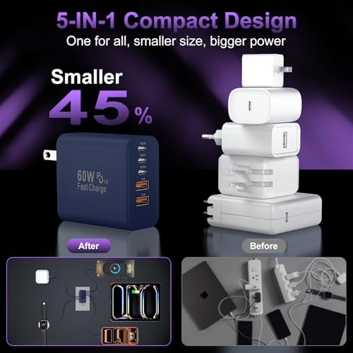 Image of USB C Fast Wall Charger Block, 2Pack 60W USBC Charging Cubes, 5-Port PD+QC Power Adapter Multiport Brick Type C Box Plug for Phone 17 /16 /15 /14 /13 /12 /11 /Pro Max /Plus, Pad Mini /Pro /S25 /S24-Deep Blue