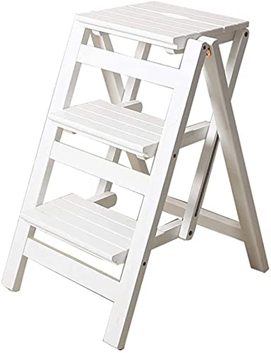 Taburete portátil plegable y escalera de tijera de madera con 3 peldaños 2