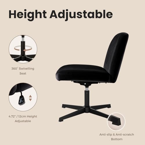 Image of IWMH Criss Cross Chair, Cross Legged Office Chairs no Wheels, Armless Wide Seat Desk Chair with Adjustable Height for Home, Vanity, Bedroom (Black)