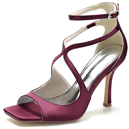 XIUWOUG Tacones Altos De Mujer Hebilla De Satén Entrecruzada con Puntera Abierta Zapatos De Novia Sandalias Vestido De Salón Tacón De Aguja,Wine Red,37 Cover
