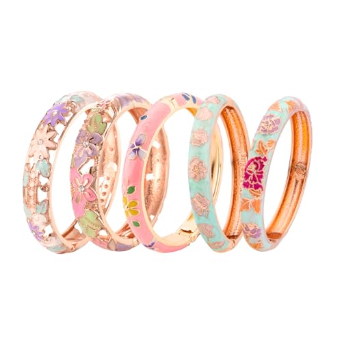 Image of UJOY Bangles 5 Pcs Enamel Jewelry Set Rose Flower Engraved Cloisonne Bracelets Pack in a Box 5PCS