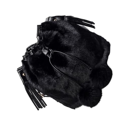 Sac seau duveteux pour femme paquet bandoulière noir avec cordon serrage