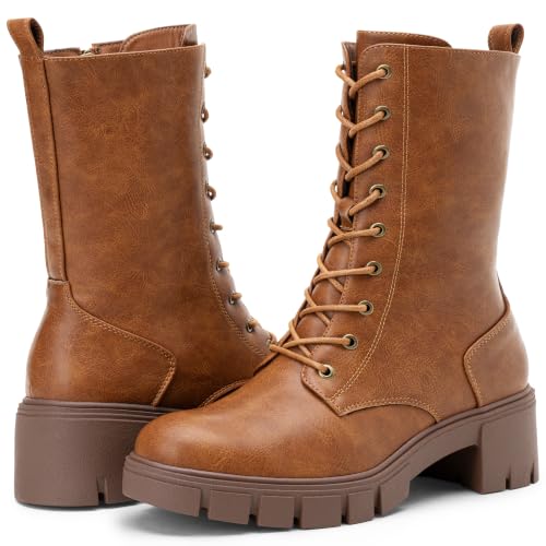 Image of Vepose Women's Mid Calf Combat Lace Up Chunky Platform Boots