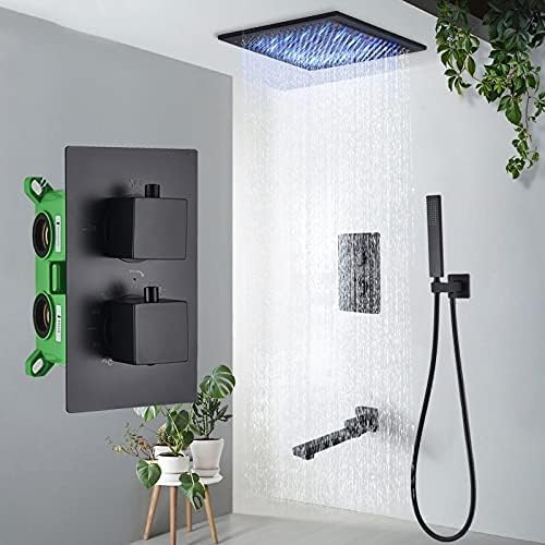 Rubinetto per doccia termostatico nero opaco per bagno Soffione doccia a pioggia Rubinetto per vasca da bagno a soffitto Miscelatore per vasca da bagno Set doccia a parete, soffitto 16 pollici, 3