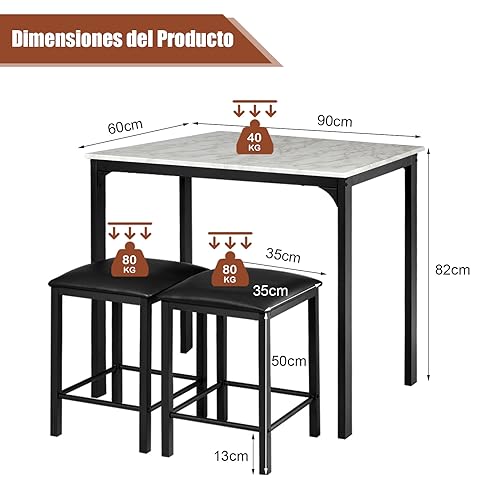 Miniatura 6 de Costway Mesa Y Sillas De Comedor, Conjunto Mesa Y Sillas Cocina, Mesa Rectangular 90 X 60 X 82 Cm, 2 Sillas De Cuero Sintético 35 X 35 X 50 Cm, Mesa Cocina Con Sillas Espacios Pequeños Blanco