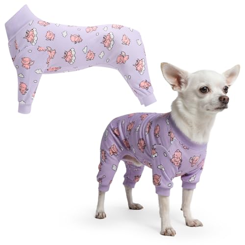 Image of Spark Paws Dog Pajama, Dog Recovery Suit Male, Onesie, Ultra-Soft and 4-Way Stretch, for Small Medium and Large Breeds - When Pigs Fly - Purple - S