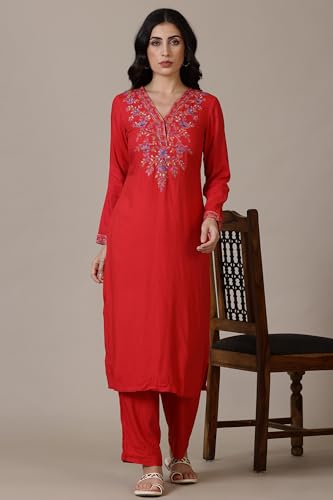 Image of Aurelia Red Solid Acrylic Straight Kurta & Palazzo for Women