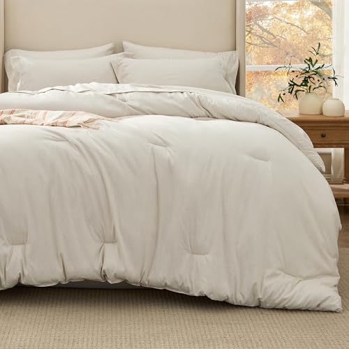Image of Bedsure Full Comforter Set Beige - Bed in a Bag Full Size Bedding 7 Pieces, Cationic Dyed Bed Set Gift for Family, Beige Soft Bedding for All Seasons Comforter with Sheets, Pillowcases & Shams