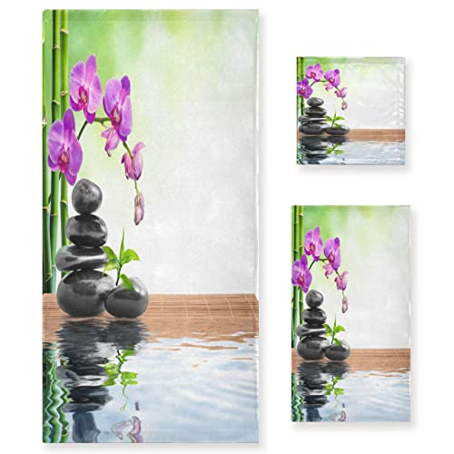 Quteprint Juego de 3 toallas de baño Zen japonesas con diseño de flores, toallas absorbentes, 1 toalla de baño + 1 toalla de mano + 1 paño de baño, súper suaves, multiusos, juego de 3 toallas para