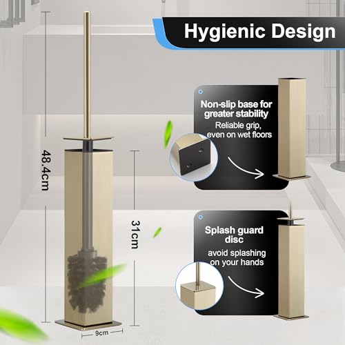 Image of BVL Toilet Brush and Holder Set Brushed Gold Stainless Steel 304 Square Freestanding Toilet Brush for Bathroom