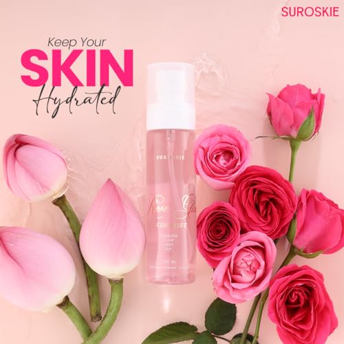 Image of SUROSKIE Rose Glass Skin Mist 100ml | 2 in 1 Face Toner + Makeup Setting Spray | Enriched With Rose Water & Aloe Vera | Toner For Glowing & Hydrating Skin | All Skin Types | For Men & Women