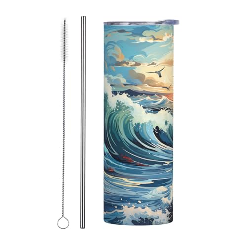 QAZWZML Wave Sailboat Seagull - Taza de viaje de acero inoxidable con un cuerpo recto impreso adecuado tanto para bebidas frías como calientes