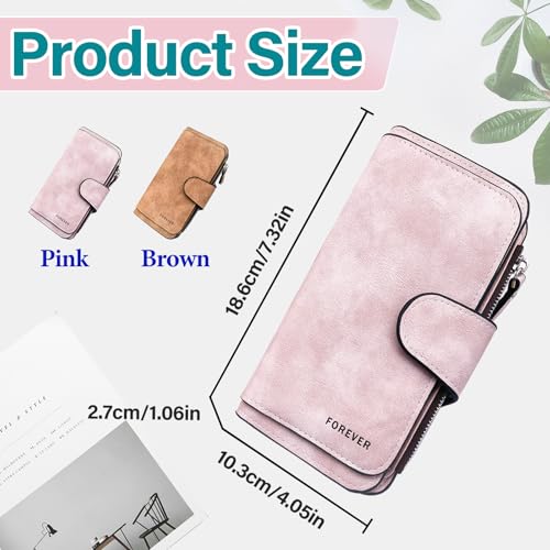 Triple Fold Womens Wallet PU Material Long Wallet with Mental Buckle, Credit Card Wallets 2 Photo Slots, 14 Card Slots, 6 Note Position, 1 Zipper Bag (Brown)3
