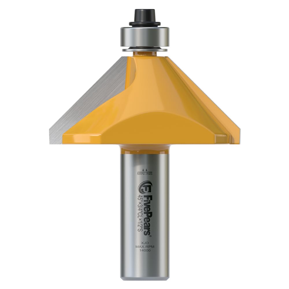 FivePears Chamfer Router Bit 1/2 Inch Shank, 45 Degree, 3/4" Cutting Length, Edge Forming Bevel Carbide Tipped Router Bit with Bearing, Miter Angle Milling Cutters Tool