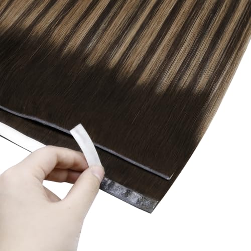 Image of Full Shine Invisible Tape in Hair Extensions Human Hair, 2 /8 /2 Dark Brown with Honey Brown Highlights, Wide Weft Tape in Extensions Silky Straight Brazilian Extension 24 Inch 50g 1pcs Natural Look