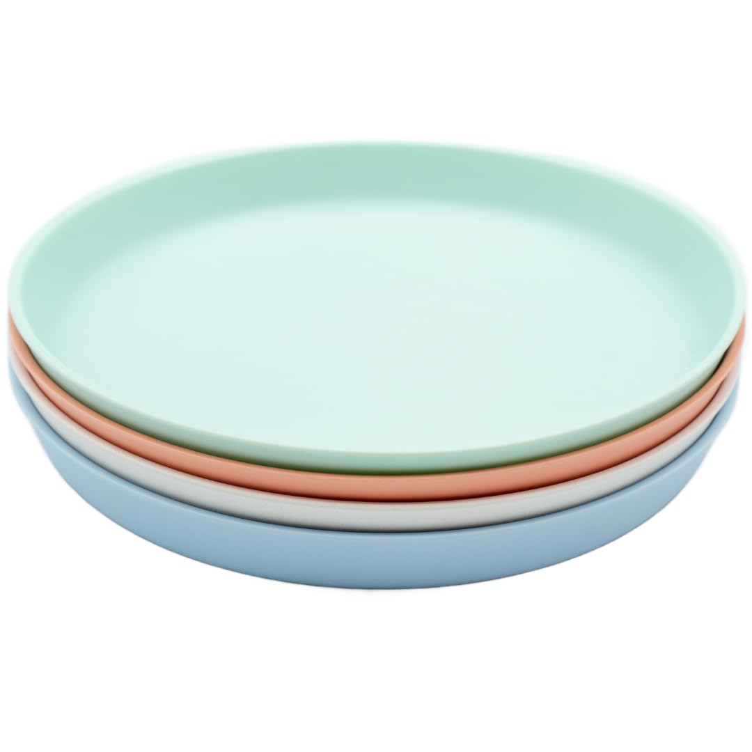 WeeSprout Bamboo Plates, Set of 4, Kid-Sized Dinnerware, Dishwasher Safe Melamine Dishware (Pastel Coral, Blue, Mint &amp; Off White, Without Lids)