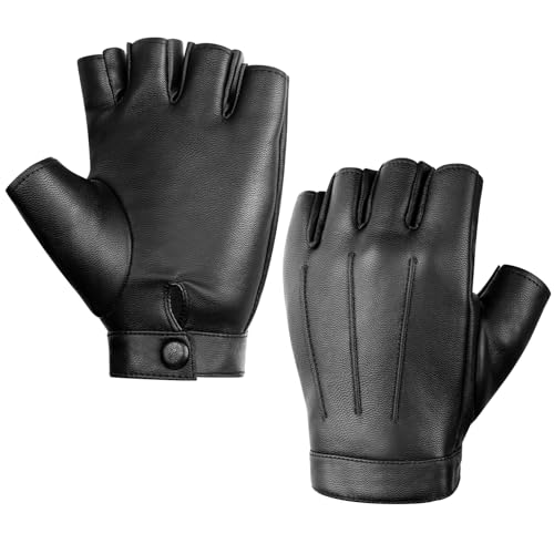 Kiiwah Lederhandschuhe Fingerlose für Herren Damen Winter Leder Autohandschuhe Touchscreen Fingerlose Handschuhe Schwarz Punk Halbfinger Motorradhandschuhe für Fahren...