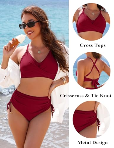 Image of Blooming Jelly Womens High Waisted Bikini Sets Drawstring Tummy Control Swimsuits Crisscross Tie Back Bathing Suit