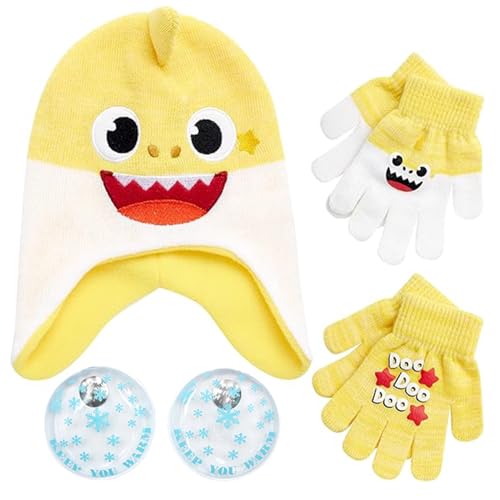 Image of Nickelodeon Boys' Baby Shark Winter Hat and 2 Pairs of Mitten Set (Toddler)