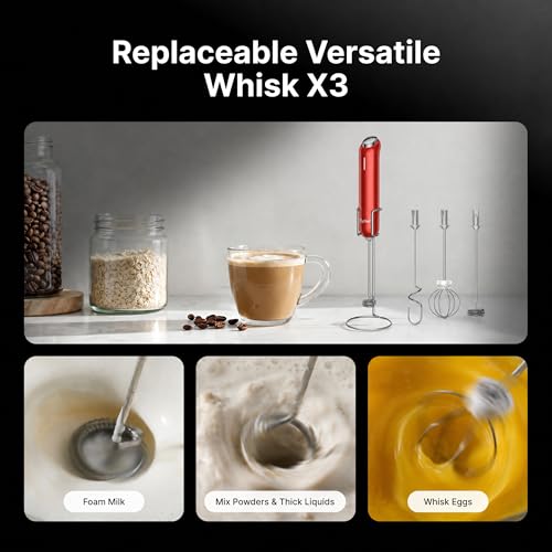 Image of InstaWhisk Milk Frother with Variable Speed, Rechargeable Coffee Frother Wand with Detachable Double Whisk, Handheld Electric Stirrer for Latte, Cappuccino, Matcha, Almond Milk, Protein, Red