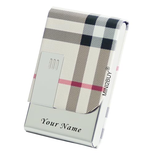 Image of Mini2buy Customized Unisex Vertical Card Holder Name Engraved for Credit|Debit|ATM|Business Visiting RFID Blocking Stainless Steel (1 x 10 x 6 cm) Personal Corporate Gift (Off-White)